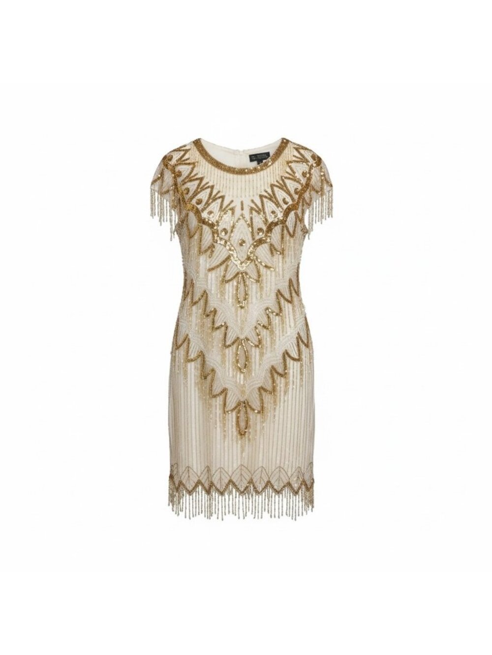 NWT Jewel Queen by Angelique Silk Beaded Flapper Dress | Gold | L